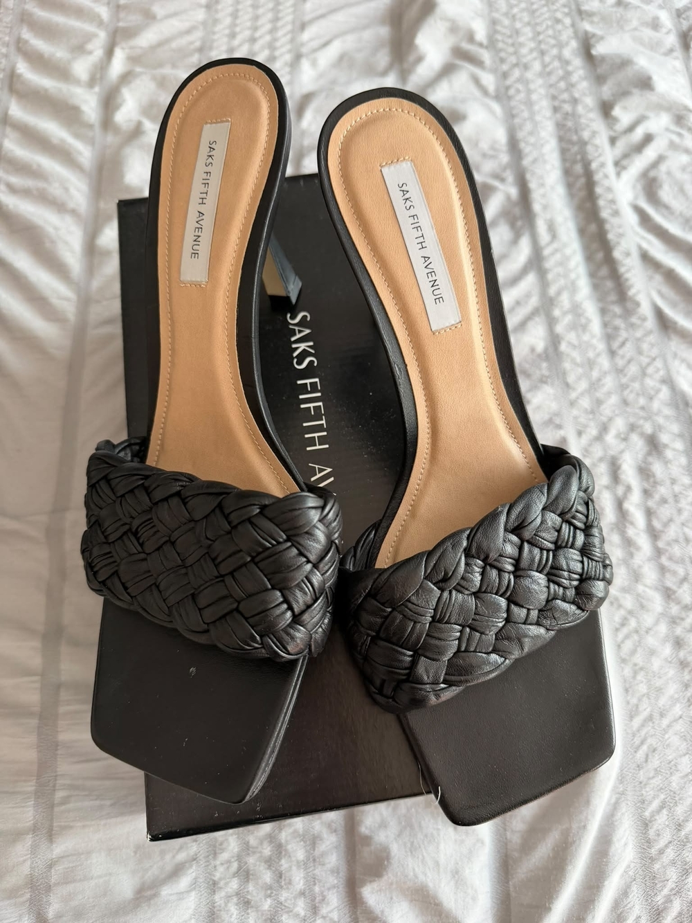 Saks Fifth Avenue Black Braided Leather Slide Mules